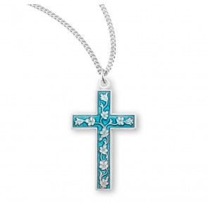 Sterling Silver Cross with a Flower, Leaf & Vine Design Under Light Blue Enamel-*18" Ch-Bxd