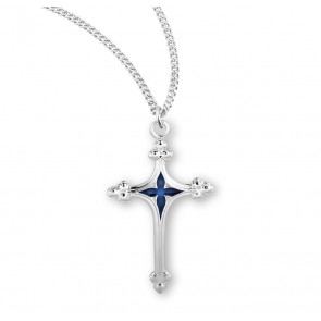 Sterling Silver Cross with Blue Enameled Center 