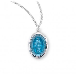 Sterling Silver Med Blue Enam Oval Scalloped Edge Mirac 18" Ch-Bxd