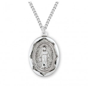 Sterling Silver Miraculous Medal in Oval Scalloped Border on 24" Ch-Bxd