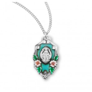 Sterling Silver Miraculous Medal in a Flower Frame w/Blue Enamel, on a 18" Ch-Bxd
