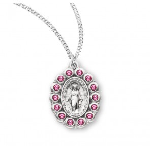 Sterling Silver Oval Miraculous w/Pink Stones - 18" Ch-Bxd