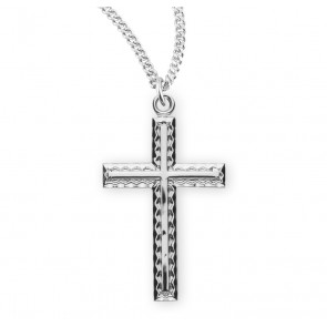 Sterling Silver Med. Fancy Etched Cross w/ Inlay - 18" Ch-Bxd