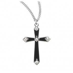 Sterling Silver Med. Black Enameled Cross w/Stones-18" Ch-Bxd