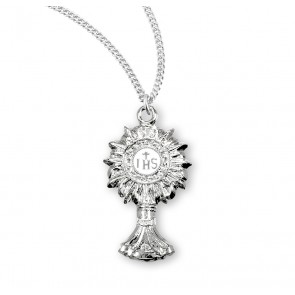 Sterling Silver  Enameled Monstrance Medal W/ IHS-18" Ch-Bxd