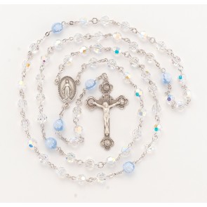7mm Crystal Finest Sterling Silver Rosary w/8mm Blue Murano Flower OFB/Bxd/80/161