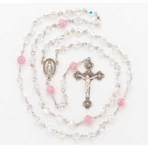 7mm Crystal Finest Sterling Silver Rosary w/8mm Pink Murano Flower OFB/Bxd-80/161