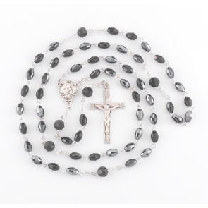 Jet Black Oval Finest Austrian Crystal Sterling Silver Rosary
