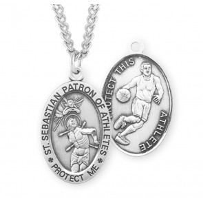 Sterling Silver Oval St. Sebastian Basketball Medal-24" Ch-Bxd