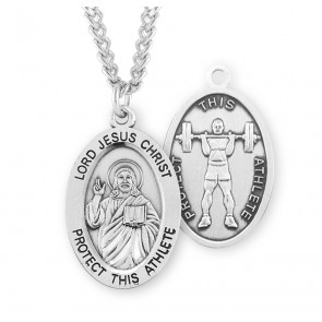 Sterling Silver Oval Lord Jesus Christ Male Weight Lifting Medal w/24" endless Ch-Bxd