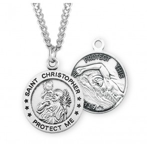 Saint Christopher Round Sterling Silver Swimming Male Athlete Medal 