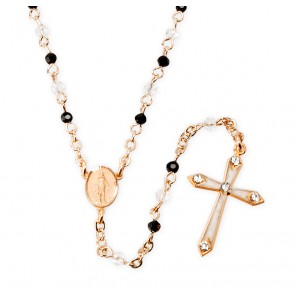 Black and Clear Crystal Bead Gold Over Sterling Silver Rosary Necklace
