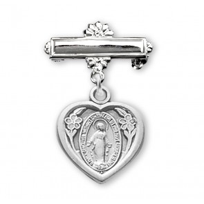 Sterling Silver Small Miraculous Heart Medal w/Bar Pin-Bxd