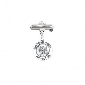 Sterling Silver Small Round Guardian Angel Medal w/Bar Pin-Bxd