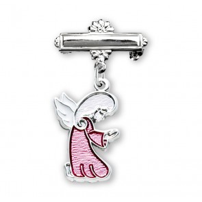 Guardian Angel Pink Enameled Sterling Silver Medal on a Bar Pin