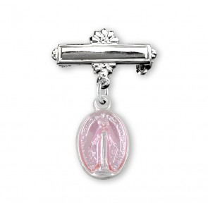 Pink Enameled Oval Sterling Silver Baby Miraculous Baby Medal on a Bar Pin