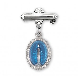 Blue Enameled Oval Fancy Edge Sterling Silver Baby Miraculous Baby Medal on a Bar Pin