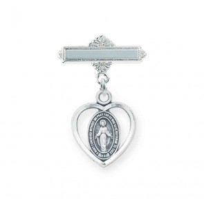 Sterling Silver Pierced Heart Baby Miraculous Medal on a Bar Pin