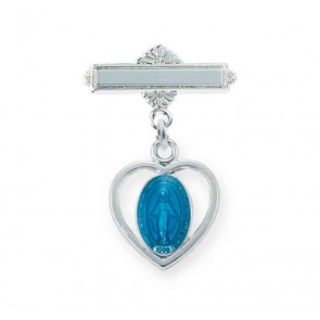 Sterling Silver Pierced Heart Baby Miraculous Medal Blue on a Bar Pin