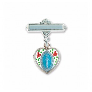 Sterling Silver Blue Enameled Heart Shaped Miraculous w/Flowers, w/Bar Pin-Bxd