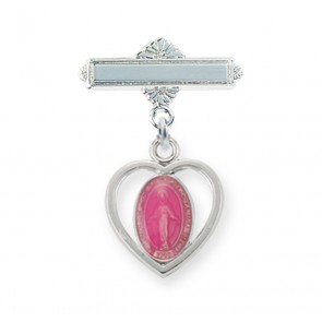 Sterling Silver Pierced Heart Baby Miraculous Medal Pink on a Bar Pin