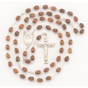 Genuine Walnut Oval Rosary w/Sterling Silver Ctr & Cfx-(70/183)-Bxd