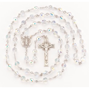 8mm Finest Fireball Crystal (AB) Rosary w/Sterling Silver Ctr & Cfx-(82/103)-Bxd