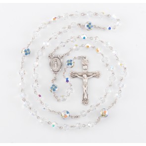 6mm Finest Crystal Rosary w/8mm Flower O.F. Beads, w/Sterling Silver Ctr & Cfx-(64/122)-Bxd