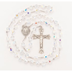 8mm Finest Crystal (AB) Rosary w/Sterling Silver Ctr & Cfx-(212/109)-Bxd
