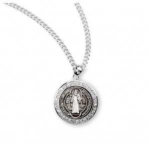 Saint Benedict Round Sterling Silver Medal with Cubic Zircons