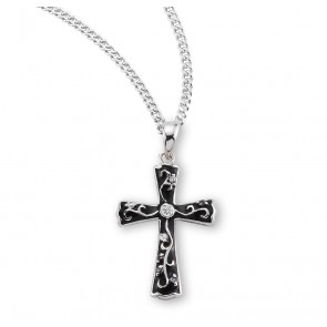 Sterling Silver Black Enameled Cross w/Cubic Zirconia's CZ's w/18" Ch-Bxd